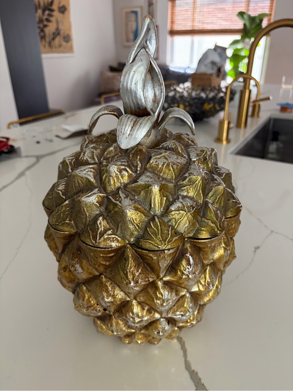 Metallic Gold Pineapple Decorative Jar with Silver Top